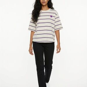 The North Face Short Sleeve Pulover Boxy Striped Cream Purple Women's XL T-Shirt